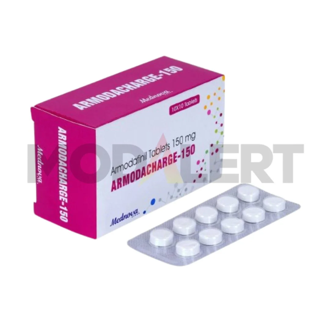 Buy Armodacharge 150 mg Online UK ArmodaCharge 150mg Armodafinil carton and blister of white tablets.