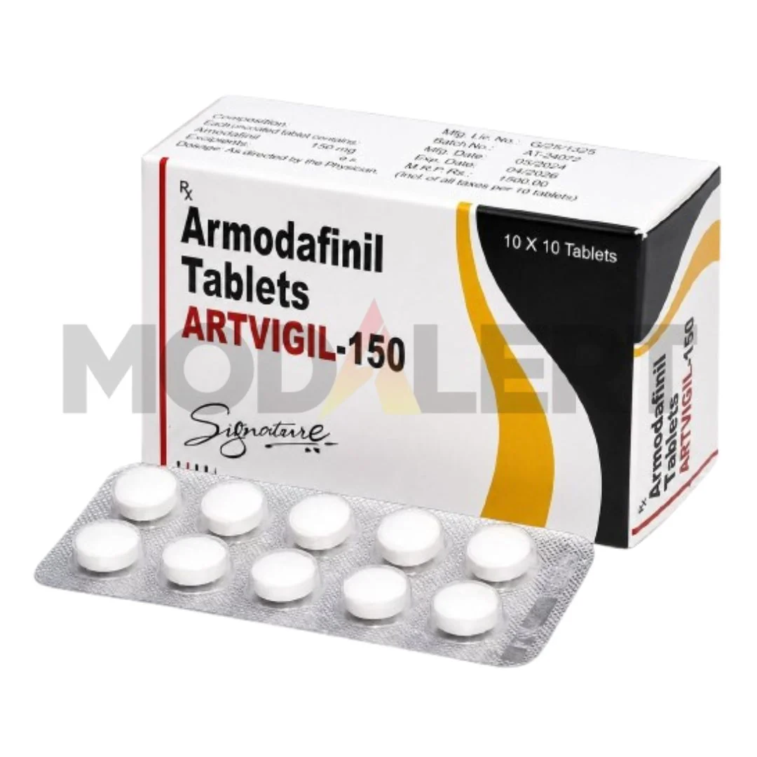 Buy Artvigil 150 Artvigil 150mg armodafinil tablets carton and blister pack with round white tablets