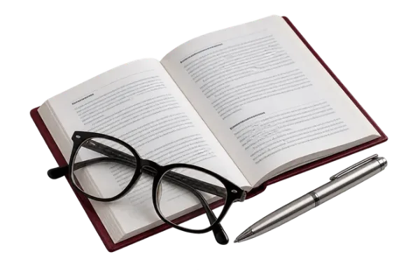 Open reference book with reading glasses and a pen