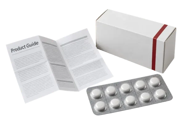 Product leaflet beside a medicine carton and blister pack