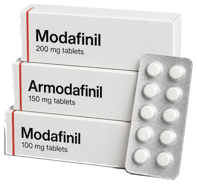 Stack of Modafinil and Armodafinil cartons with a blister pack of tablets