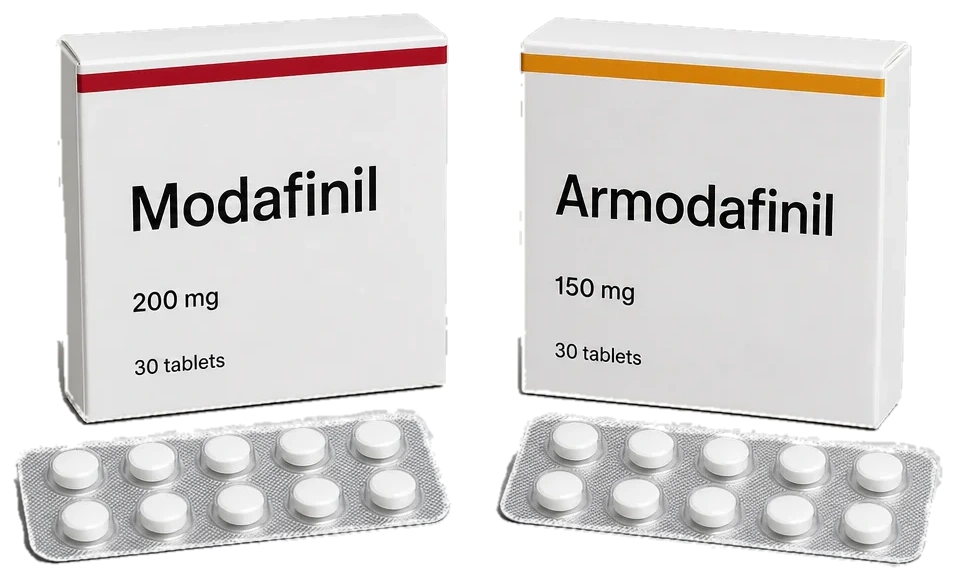 Modafinil 200 mg and Armodafinil 150 mg cartons side by side, each with a blister pack