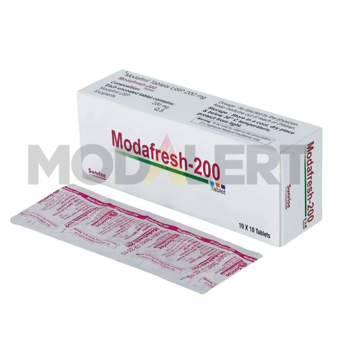 Modafresh 200mg Modafinil tablet carton with magenta lettering, green line and printed silver blister