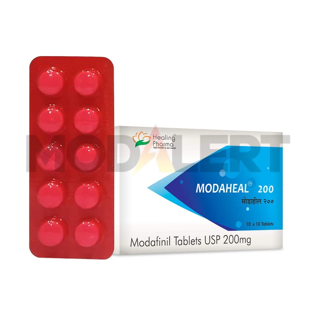 Buy Modaheal 200mg Online Modaheal 200mg Modafinil carton with blue graphics and red tablet blister.