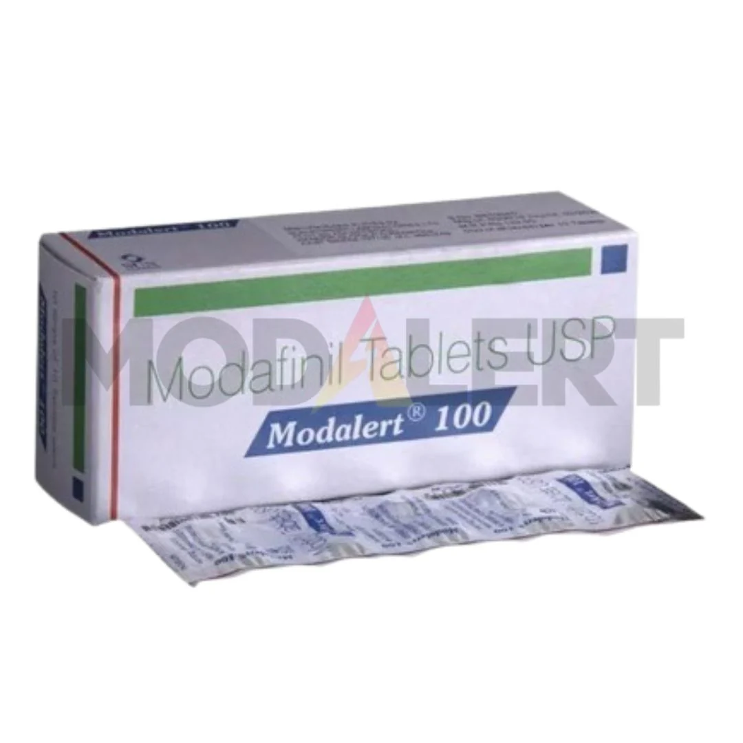 Modalert 100 Modafinil tablet carton with green band, blue branding and silver blister strip