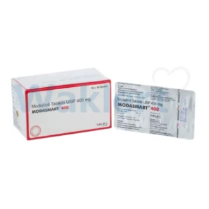 Modasmart 400 modafinil 400mg tablet carton with red detailing and silver blister packaging