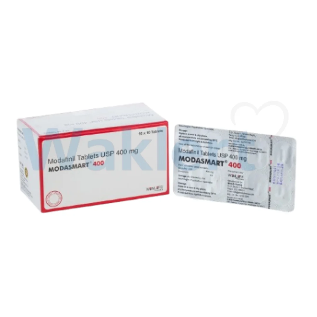 Modasmart 400 modafinil 400mg tablet carton with red detailing and silver blister packaging