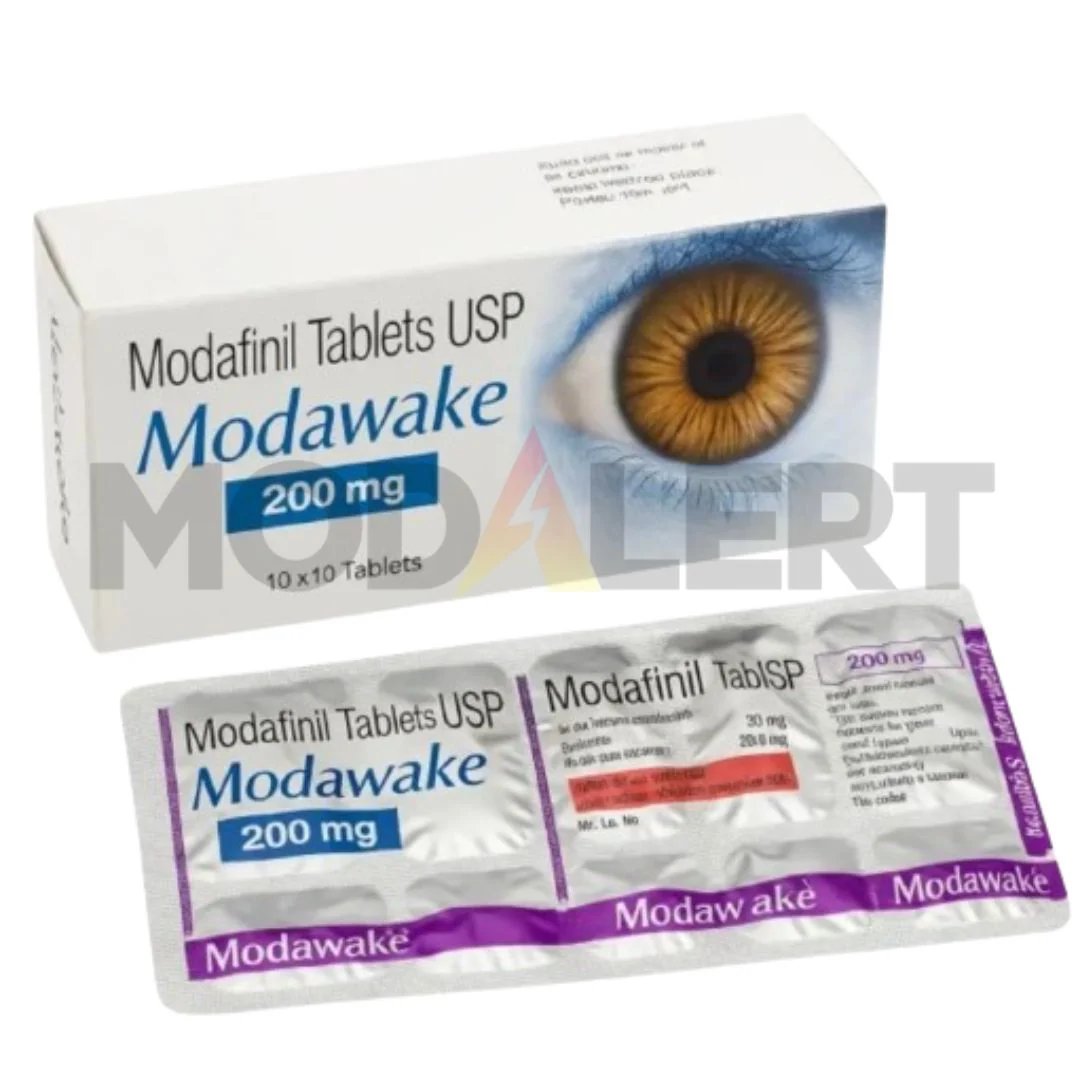 Modawake 200mg Modafinil Tablets USP carton with eye artwork and silver blister packaging