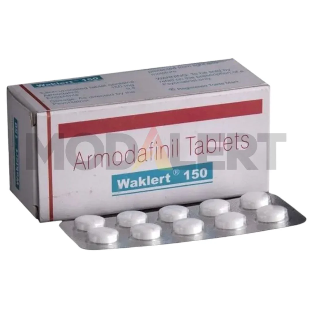 Buy Waklert UK Armodafinil tablets in branded carton packaging with white tablets in a blister strip